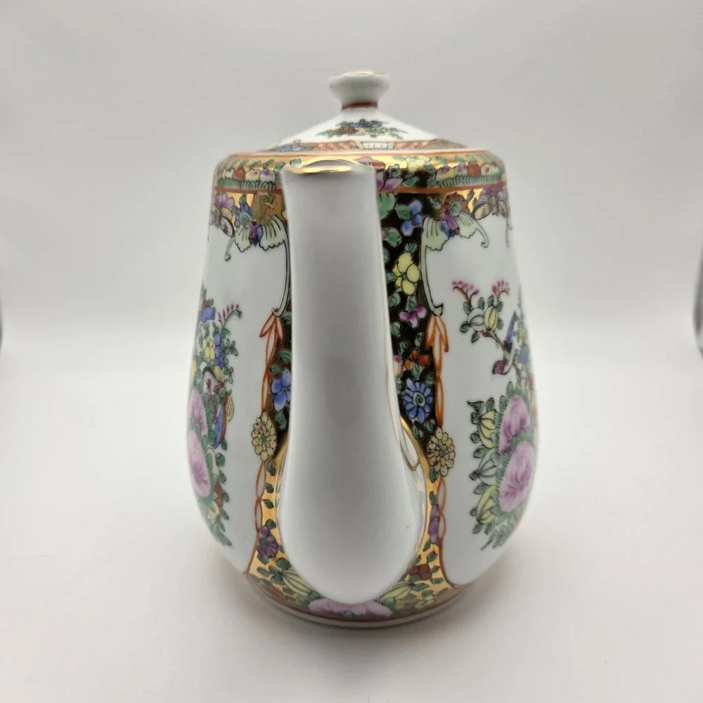 Vintage Cantonese Famille Rose Medallion Porcelain Tea Set Peonies Butterflies